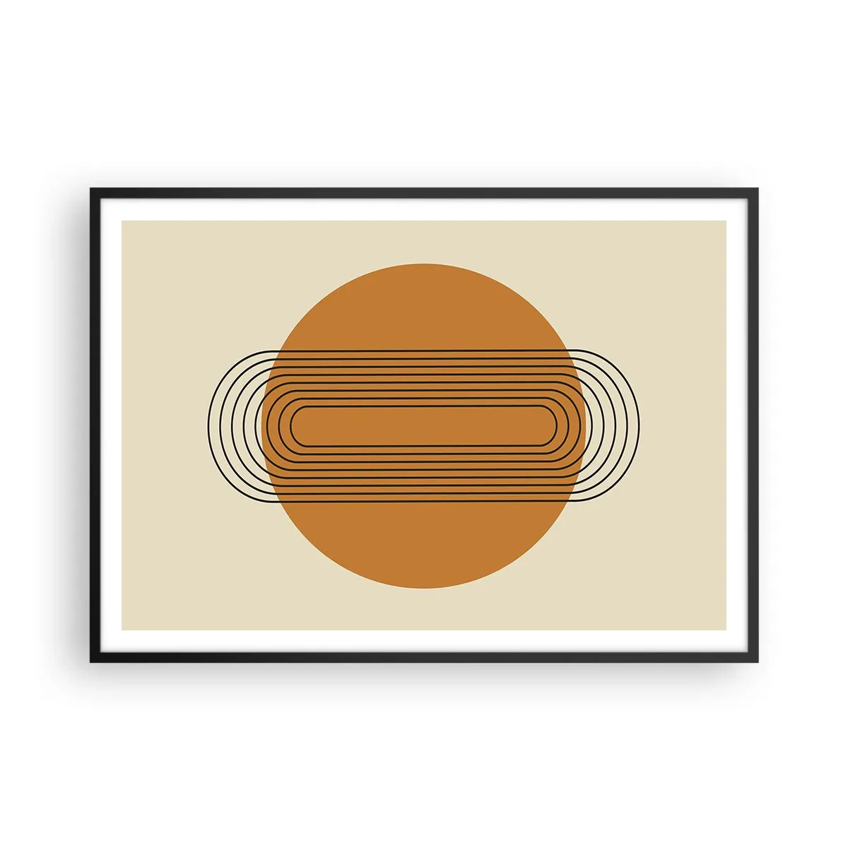 Poster in einem schwarzem Rahmen - Geometrisches Muster mit orangefarbenen Kreisen und Linien - 100x70cm - Perfekter Plan - Moderne Wanddekoration für Wohnzimmer und Schlafzimmer ARTTOR