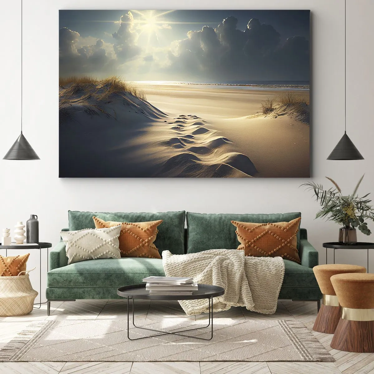 Bild auf Leinwand - Leinwandbild - Goldene Dünen am Strand bei Sonnenuntergang mit Blick auf das Meer - 70x50cm - Beruhigende Landschaft - Moderne Wanddekoration für Wohnzimmer und Schlafzimmer ARTTOR
