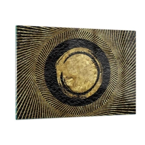Glasbild - Bild auf glas - Goldener Kreis mit Strahlen auf schwarzem Hintergrund im glamourösen Stil - 120x80cm - Glamour-Komposition - Moderne Wanddekoration für Wohnzimmer und Schlafzimmer ARTTOR