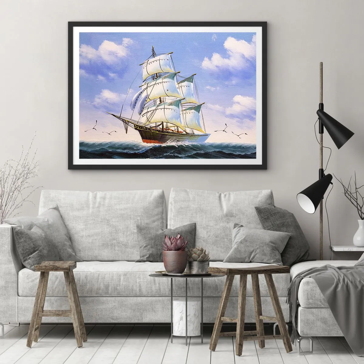 Poster in einem schwarzem Rahmen - Ein Segelschiff auf offener See unter blauem Himmel - 100x70cm - Mit Stolz mit dem Wind - Moderne Wanddekoration für Wohnzimmer und Schlafzimmer ARTTOR