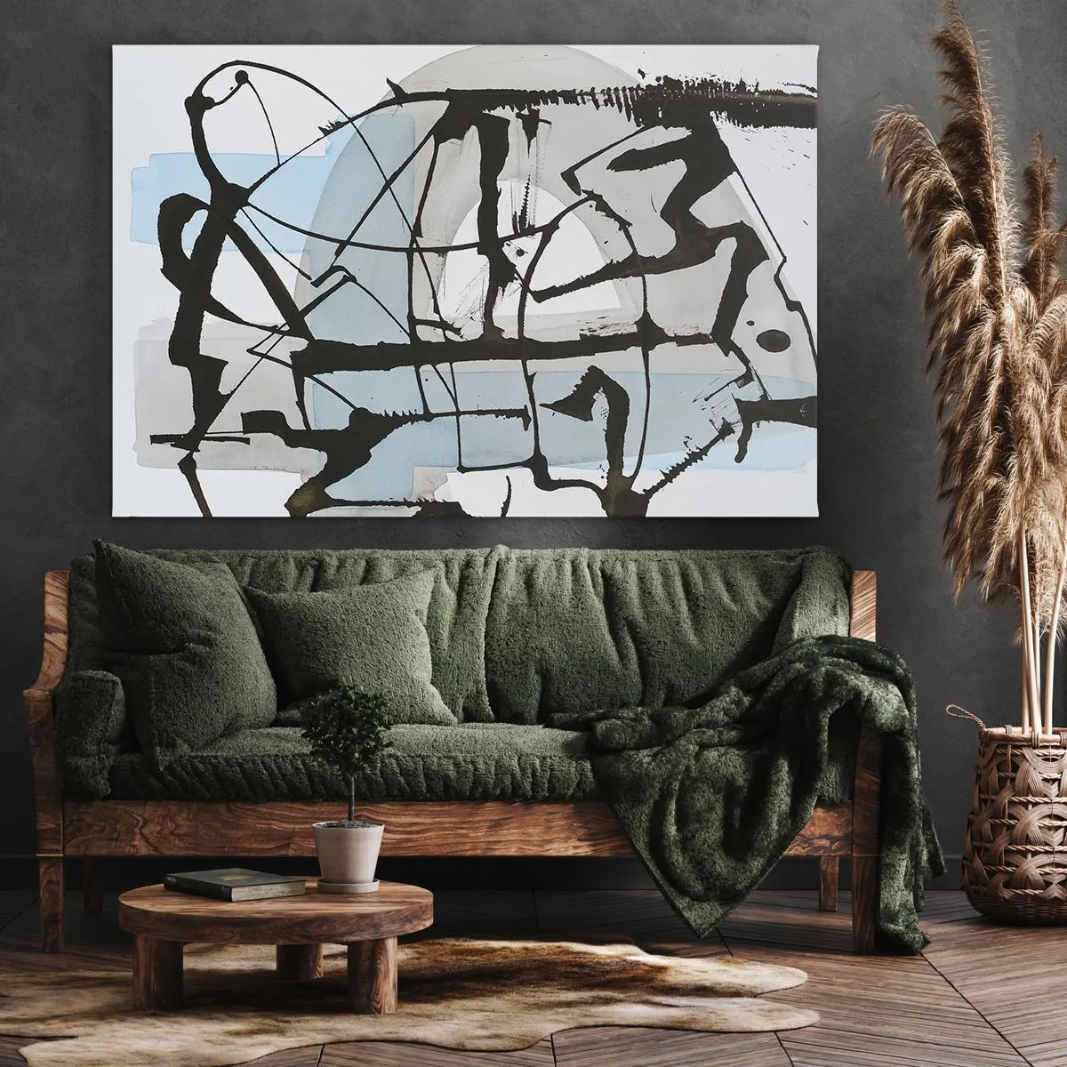 Bild auf Leinwand - Leinwandbild - Abstrakte Linien und Formen in Blau und Schwarz - 70x50cm - Trotzdem blau - Moderne Wanddekoration für Wohnzimmer und Schlafzimmer ARTTOR