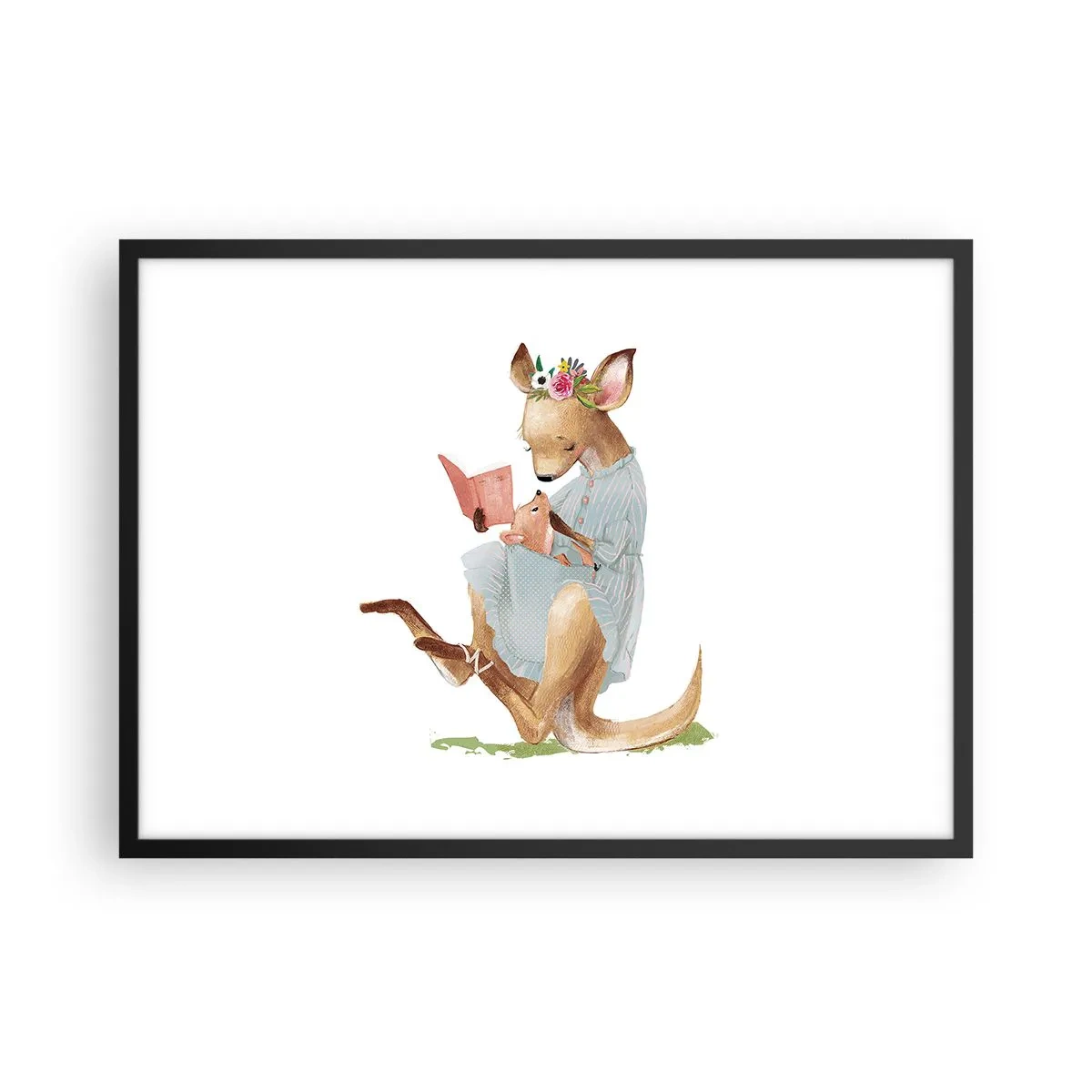 Poster in einem schwarzem Rahmen - Kanga liest mit einem Baby ein Buch - 70x50cm - Lies mir vor Mama - Moderne Wanddekoration für Wohnzimmer und Schlafzimmer ARTTOR