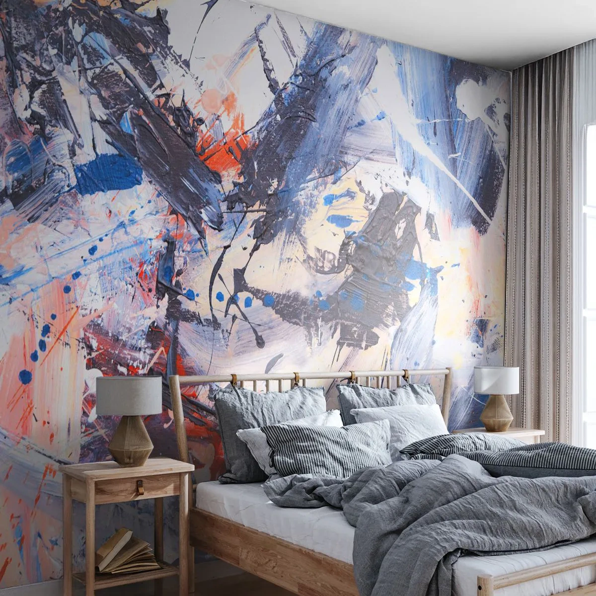Fototapete Premium Sand - Dynamische Abstraktion in Blau-, Schwarz- und Orangetönen - 100x70cm - Verrückter Tanz der Abstraktion - Moderne Wanddekoration für Wohnzimmer und Schlafzimmer ARTTOR