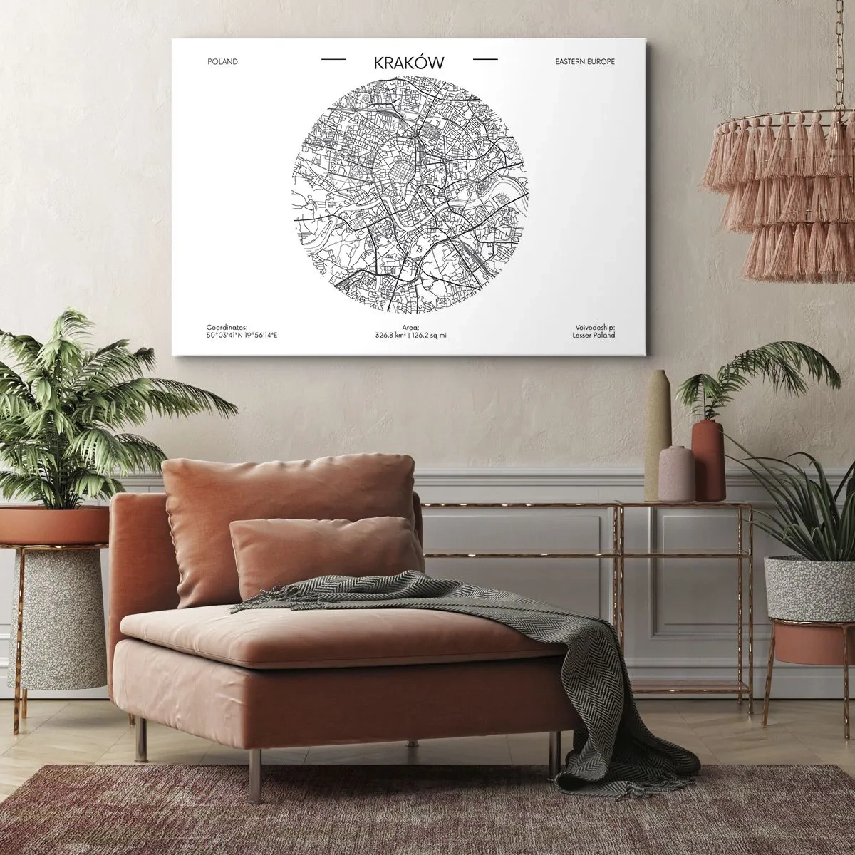 Bild auf Leinwand - Leinwandbild - Eine Karte von Krakau im minimalistischen Stil - 70x50cm - Anatomie von Krakau - Moderne Wanddekoration für Wohnzimmer und Schlafzimmer ARTTOR
