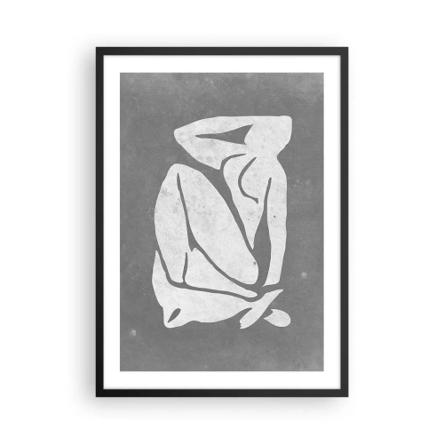 Poster in einem schwarzem Rahmen - Eine minimalistische Silhouette einer Frau in Grautönen - 50x70cm - In Gedanken versunken - Moderne Wanddekoration für Wohnzimmer und Schlafzimmer ARTTOR