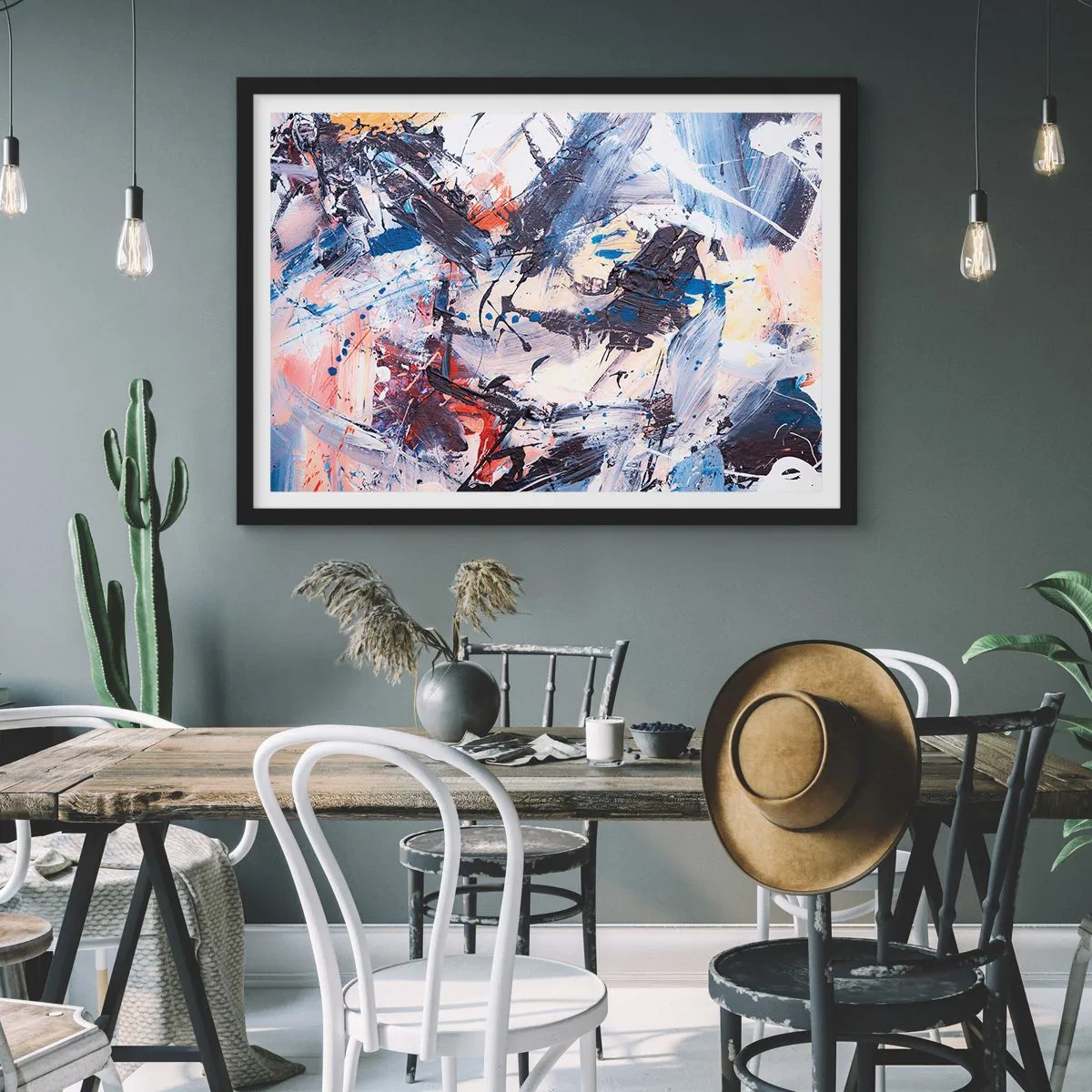 Poster in einem schwarzem Rahmen - Abstraktion mit dynamischen Pinselstrichen in Blau und Rot. - 70x50cm - Verrückter Tanz der Abstraktion - Moderne Wanddekoration für Wohnzimmer und Schlafzimmer ARTTOR