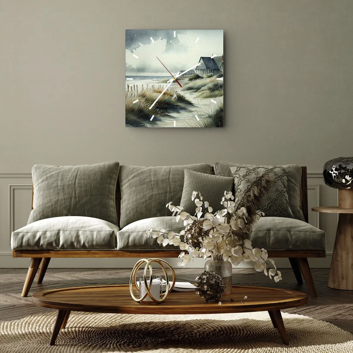 Wanduhr - Glasuhr - Ein Haus am Meer, umgeben von Gras und mit Blick auf das Meer - 30x30cm - Abseits vom Trubel - Moderne Wanddekoration für Wohnzimmer und Schlafzimmer ARTTOR
