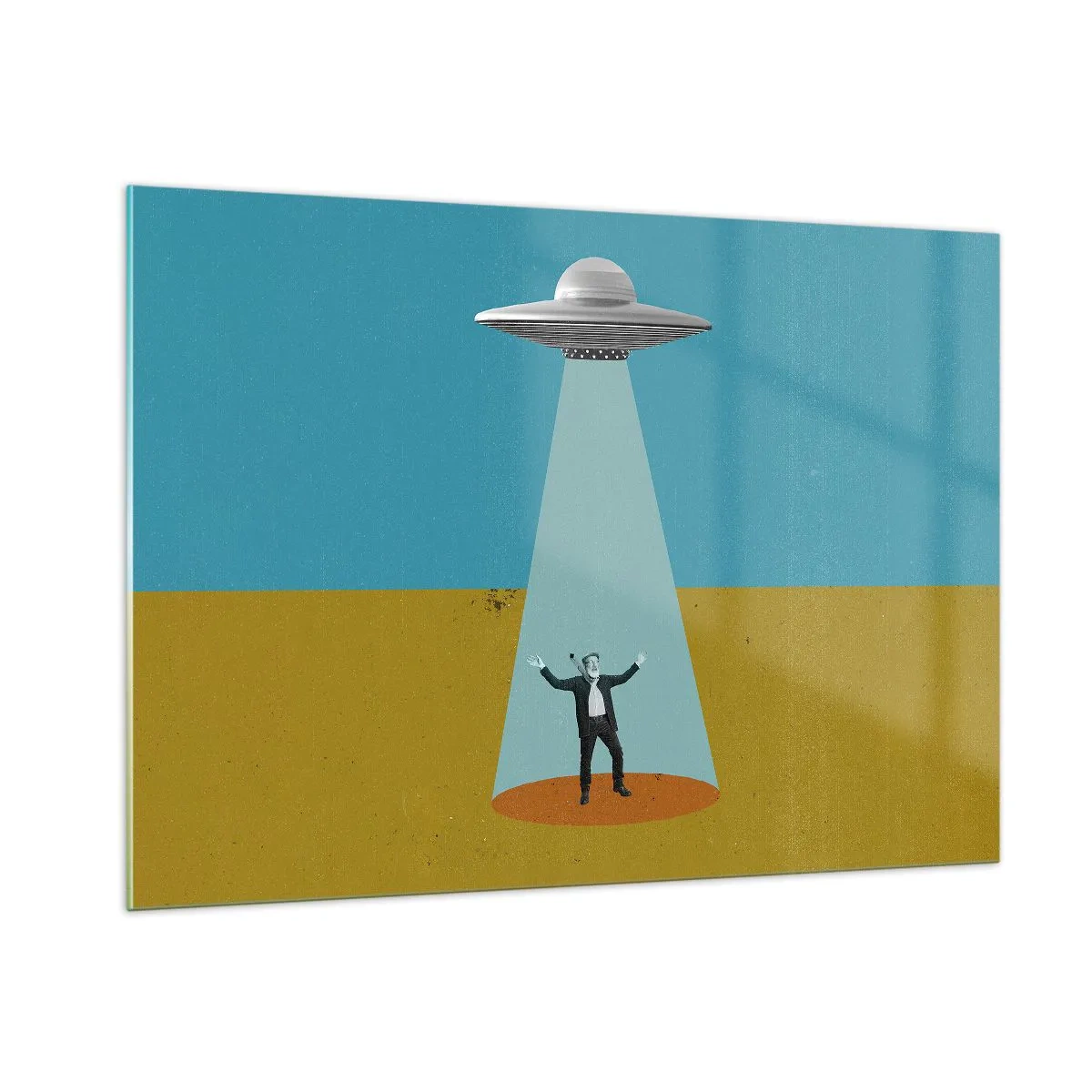 Glasbild - Bild auf glas - Ein Mann im Licht einer Weltraumuntertasse auf buntem Hintergrund - 100x70cm - Nahe Begegnung - Moderne Wanddekoration für Wohnzimmer und Schlafzimmer ARTTOR