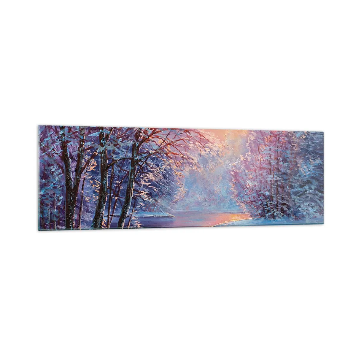 Glasbild - Bild auf glas - Winterlandschaft mit Fluss und Bäumen bei Sonnenaufgang - 160x50cm - Die Farben des Winters - Moderne Wanddekoration für Wohnzimmer und Schlafzimmer ARTTOR