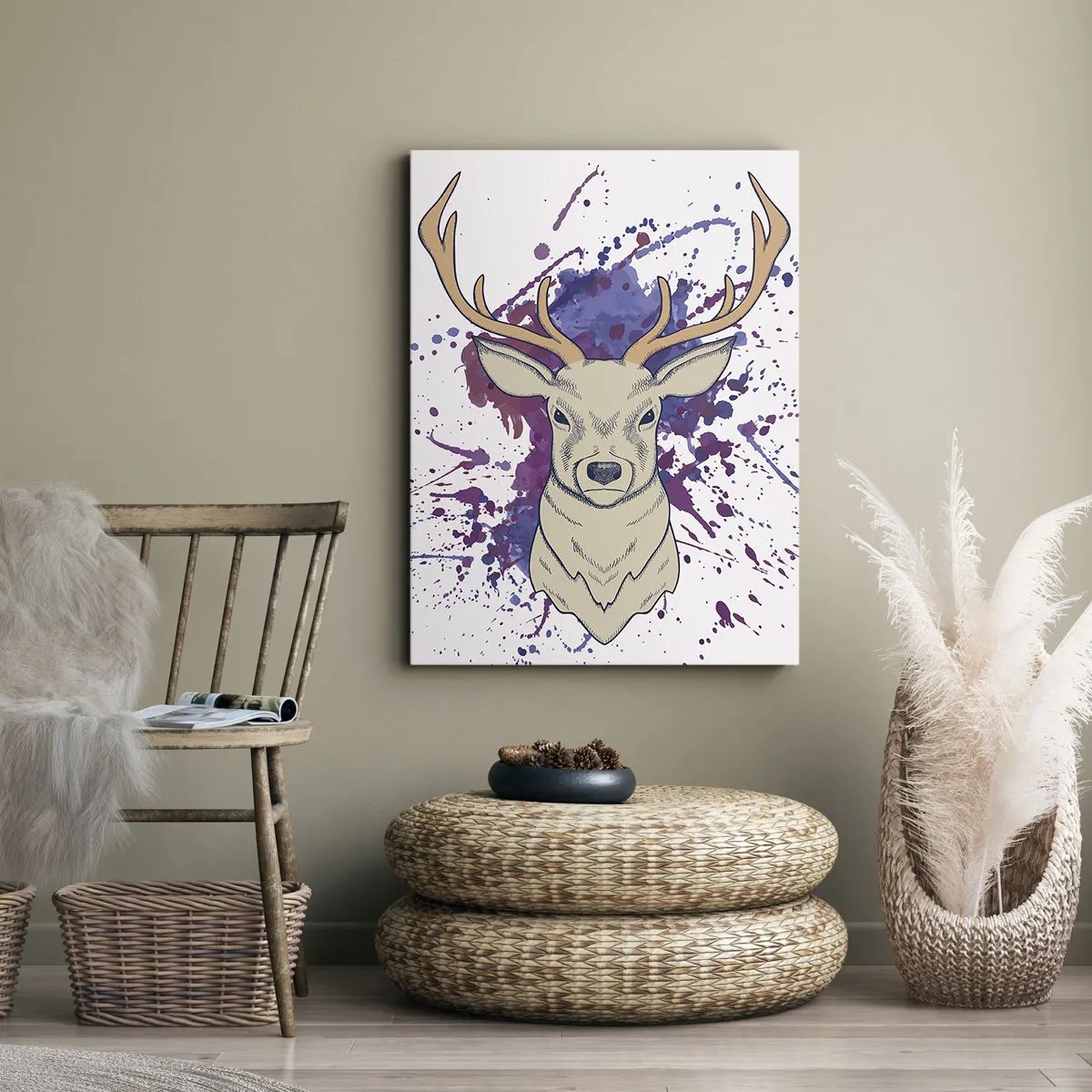 Bild auf Leinwand - Leinwandbild - Porträt eines Hirsches mit abstrakten Flecken im Hintergrund - 80x120cm - Mut und Ausgeglichenheit - Moderne Wanddekoration für Wohnzimmer und Schlafzimmer ARTTOR