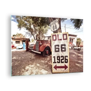 Glasbild - Bild auf glas - Oldtimer und Retro-Route 66-Schild - 70x50cm - Die Legende der amerikanischen Provinz - Moderne Wanddekoration für Wohnzimmer und Schlafzimmer ARTTOR