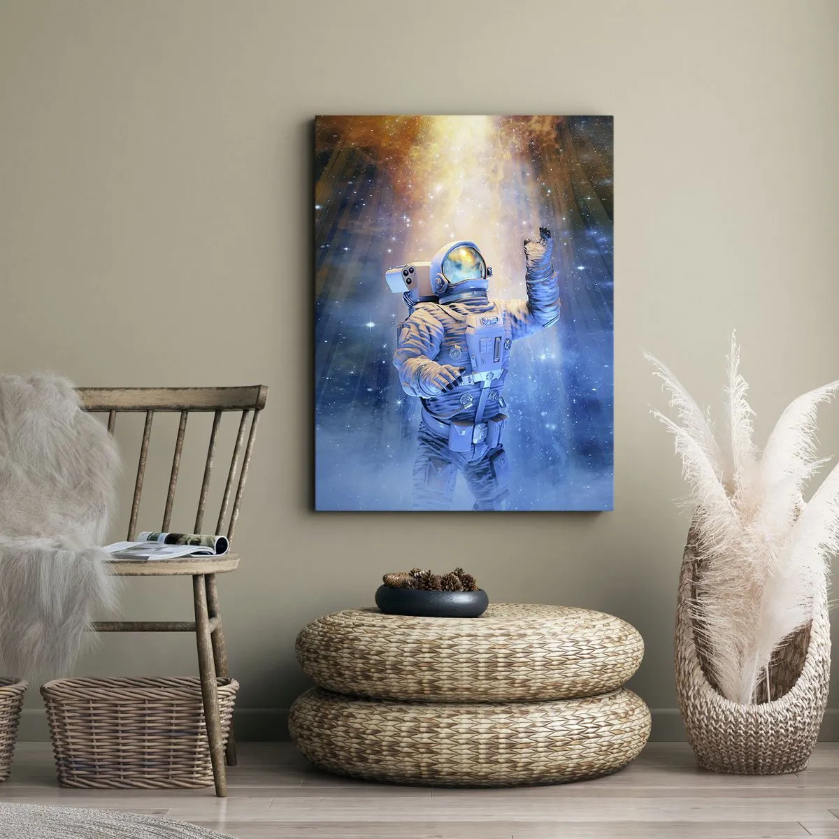 Bild auf Leinwand - Leinwandbild - Astronaut im Licht einer kosmischen Explosion voller Sterne - 50x70cm - Endlich am Ende - Moderne Wanddekoration für Wohnzimmer und Schlafzimmer ARTTOR