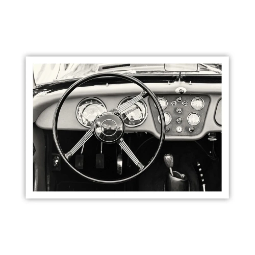 Poster - Schwarz-weißes Oldtimer-Interieur - 100x70cm - Ein Sammlertraum - Moderne Wanddekoration für Wohnzimmer und Schlafzimmer ARTTOR
