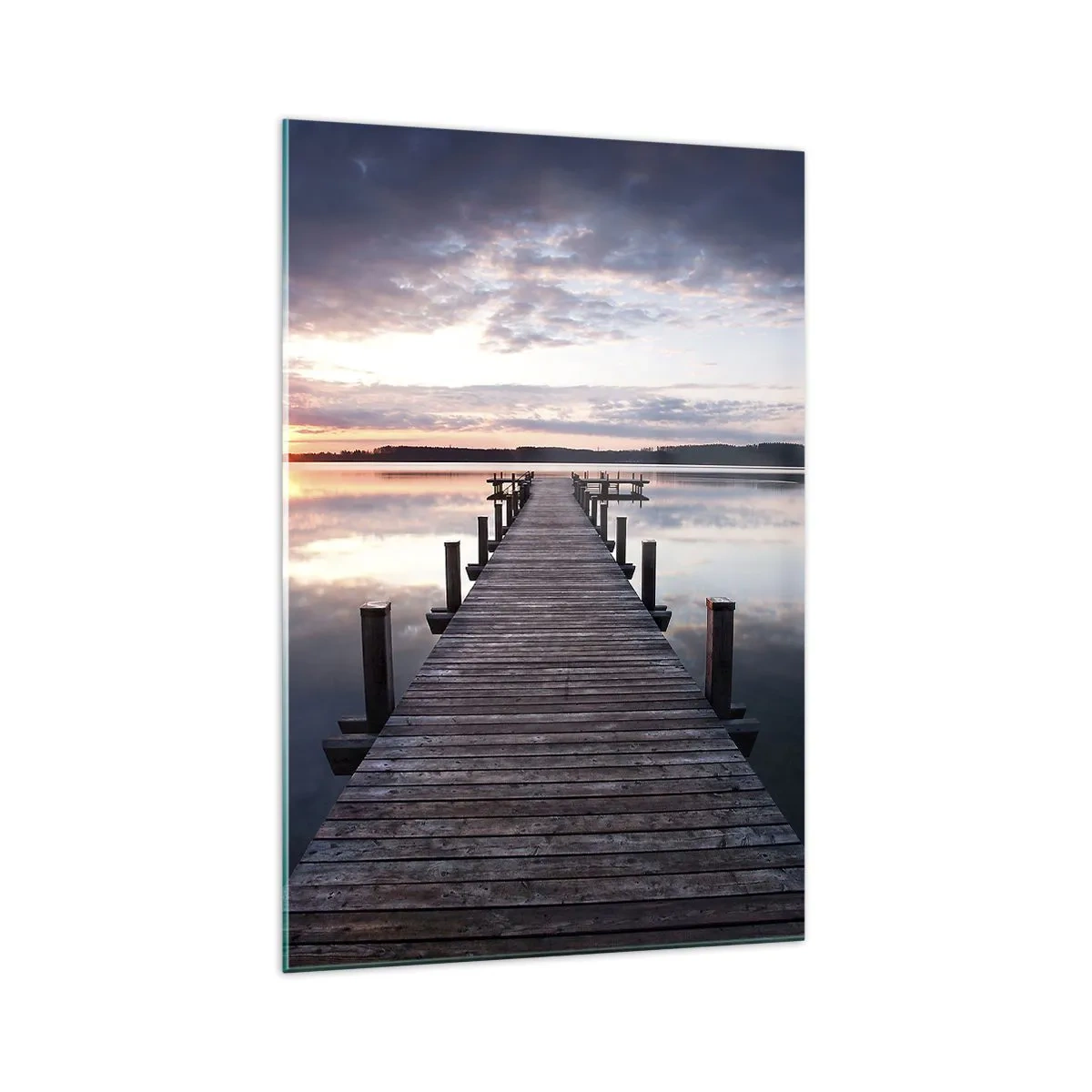 Glasbild - Bild auf glas - Ein Pier an einem See bei Sonnenuntergang in einer friedlichen Landschaft - 70x100cm - Eine stille Grenze zwischen Tag und Nacht - Moderne Wanddekoration für Wohnzimmer und Schlafzimmer ARTTOR