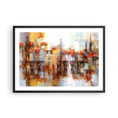Poster in einem schwarzem Rahmen - Ein malerisches Panorama der Stadt mit einer Brücke in Herbstfarben - 70x50cm - Schön ist es auch unter der Brücke - Moderne Wanddekoration für Wohnzimmer und Schlafzimmer ARTTOR