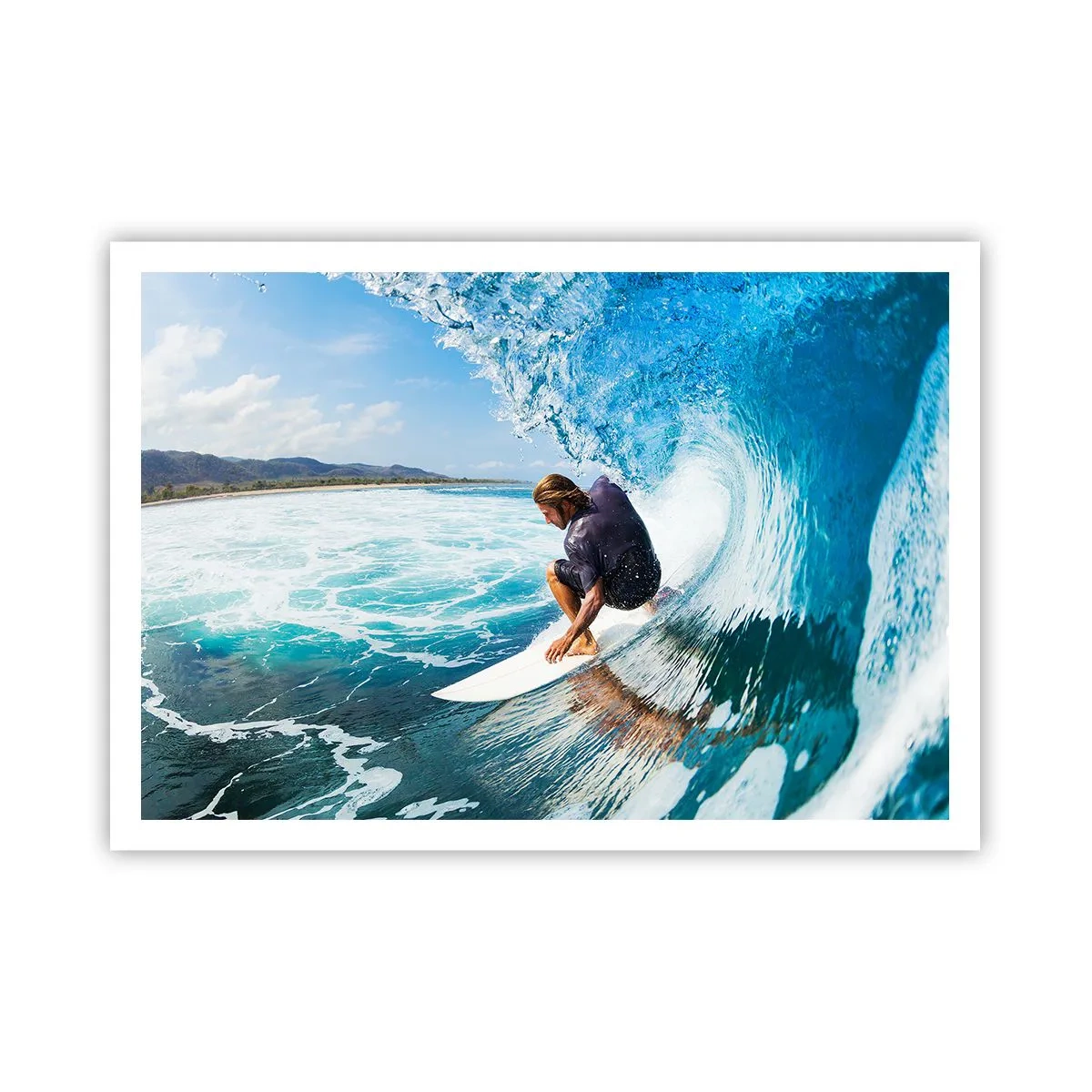 Poster - Ein Surfer in dynamischer Pose auf einer Welle im türkisfarbenen Wasser. - 100x70cm - Tanzen mit den Wellen - Moderne Wanddekoration für Wohnzimmer und Schlafzimmer ARTTOR