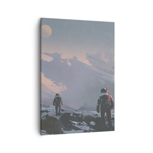 Bild auf Leinwand - Leinwandbild - Astronauten auf einem fremden Planeten mit einem Raumschiffwrack - 50x70cm - Unter einem unbekannten Stern - Moderne Wanddekoration für Wohnzimmer und Schlafzimmer ARTTOR