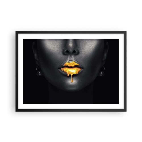 Poster in einem schwarzem Rahmen - Schwarz-goldenes Porträt einer Frau mit einem Tropfen Gold auf den Lippen - 70x50cm - Goldmaul - Moderne Wanddekoration für Wohnzimmer und Schlafzimmer ARTTOR