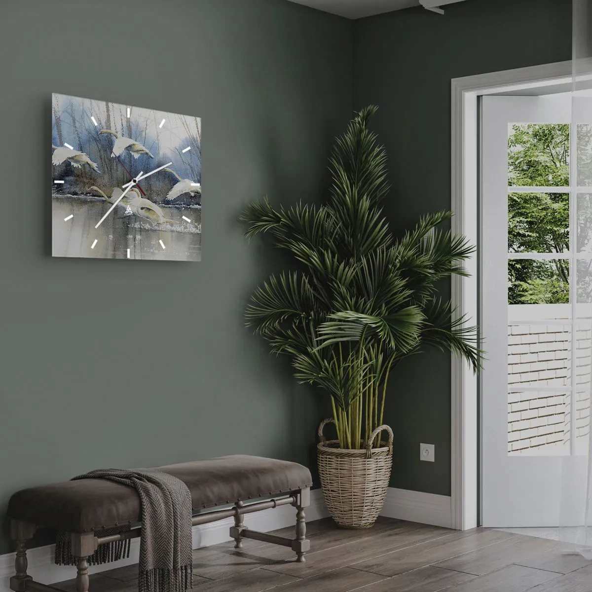 Wanduhr - Glasuhr - Schwäne im Flug über einem zugefrorenen See in einer Winterlandschaft - 30x30cm - Wie im Märchen von den wilden Schwänen - Moderne Wanddekoration für Wohnzimmer und Schlafzimmer ARTTOR