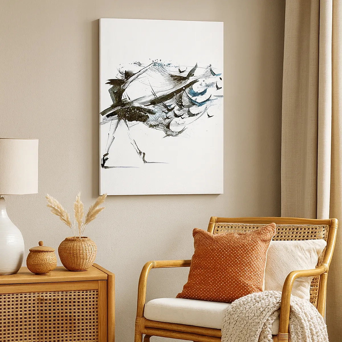 Bild auf Leinwand - Leinwandbild - Eine Tänzerin mit einem dynamischen Kleid in Vogelform - 50x70cm - Die Magie der Musik befreit dich vom Bann - Moderne Wanddekoration für Wohnzimmer und Schlafzimmer ARTTOR