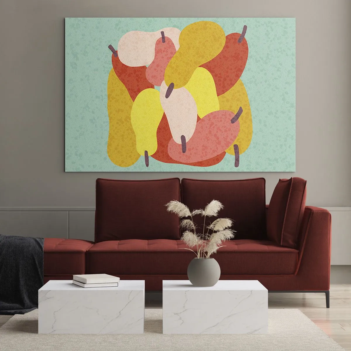 Glasbild - Bild auf glas - Bunte Birnen im grafischen Stil auf türkisfarbenem Hintergrund - 120x80cm - Probieren Sie die Sommersonne - Moderne Wanddekoration für Wohnzimmer und Schlafzimmer ARTTOR