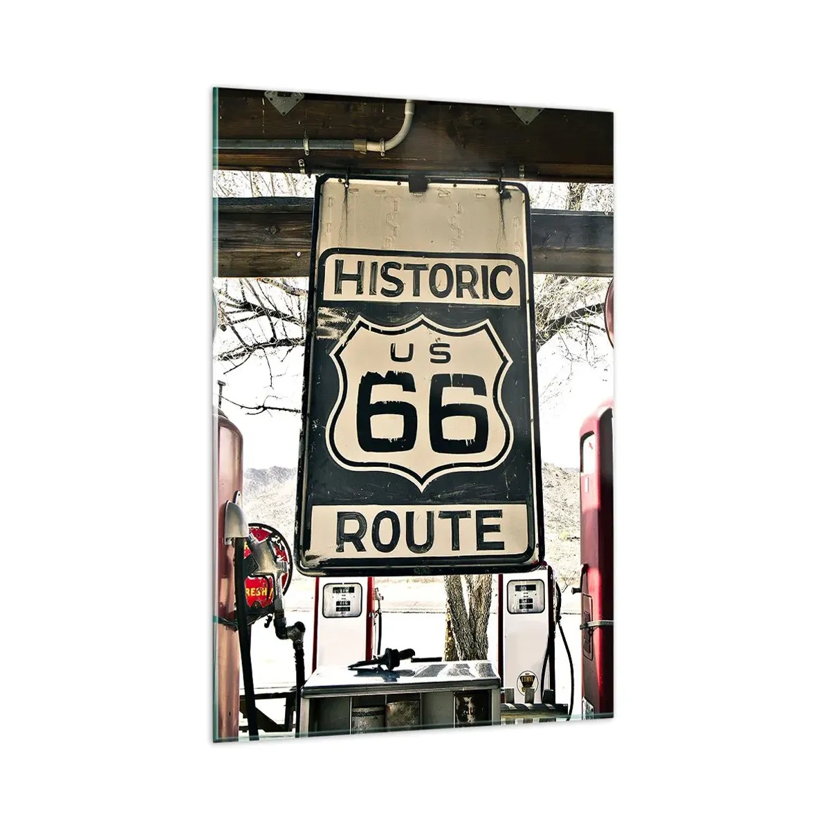 Glasbild - Bild auf glas - Historische Tankstelle an der Route 66 - 80x120cm - Amerikanische Retro-Reise - Moderne Wanddekoration für Wohnzimmer und Schlafzimmer ARTTOR