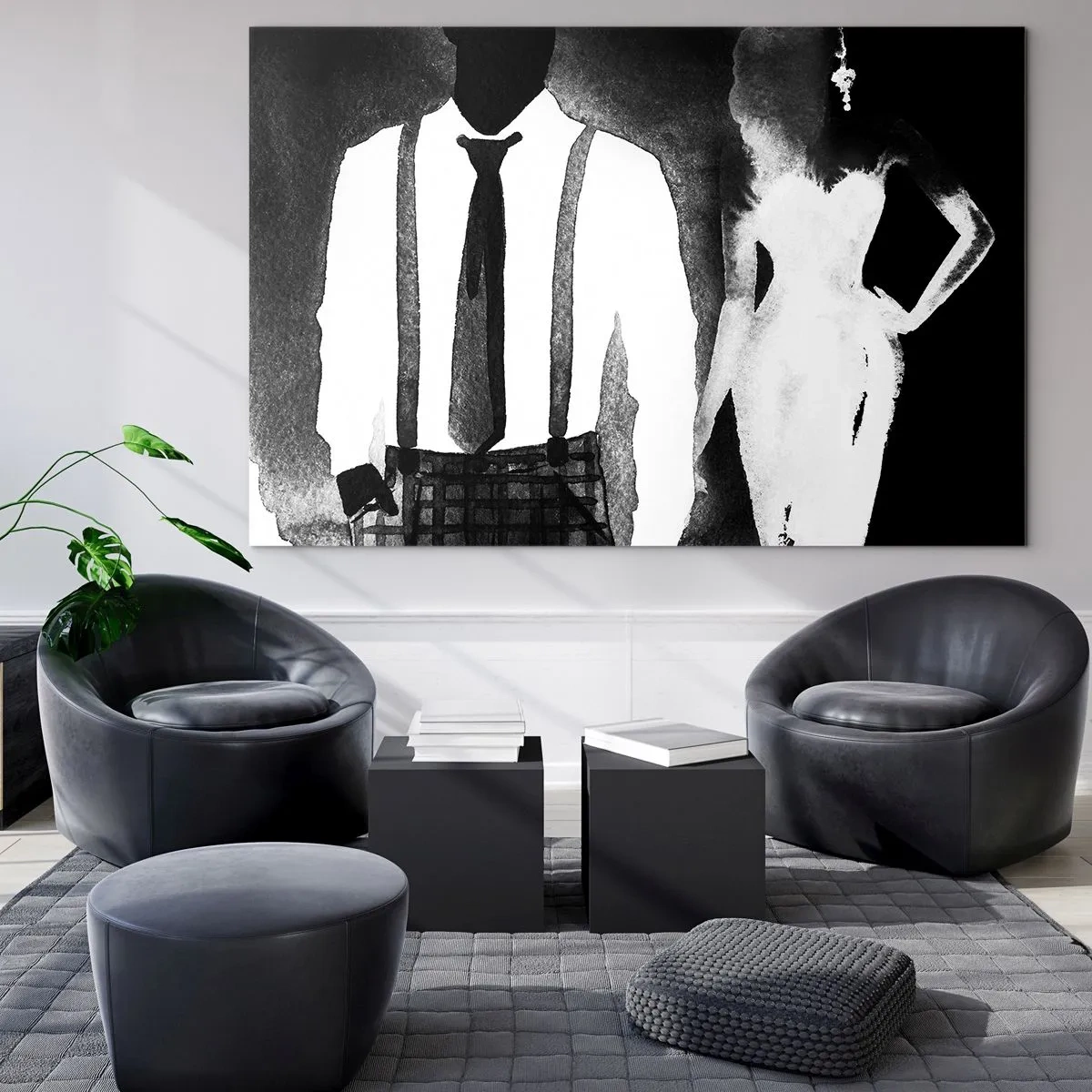 Glasbild - Bild auf glas - Schwarz-weiße Silhouette eines eleganten Noir-Paares - 100x70cm - In Noir-Atmosphäre - Moderne Wanddekoration für Wohnzimmer und Schlafzimmer ARTTOR