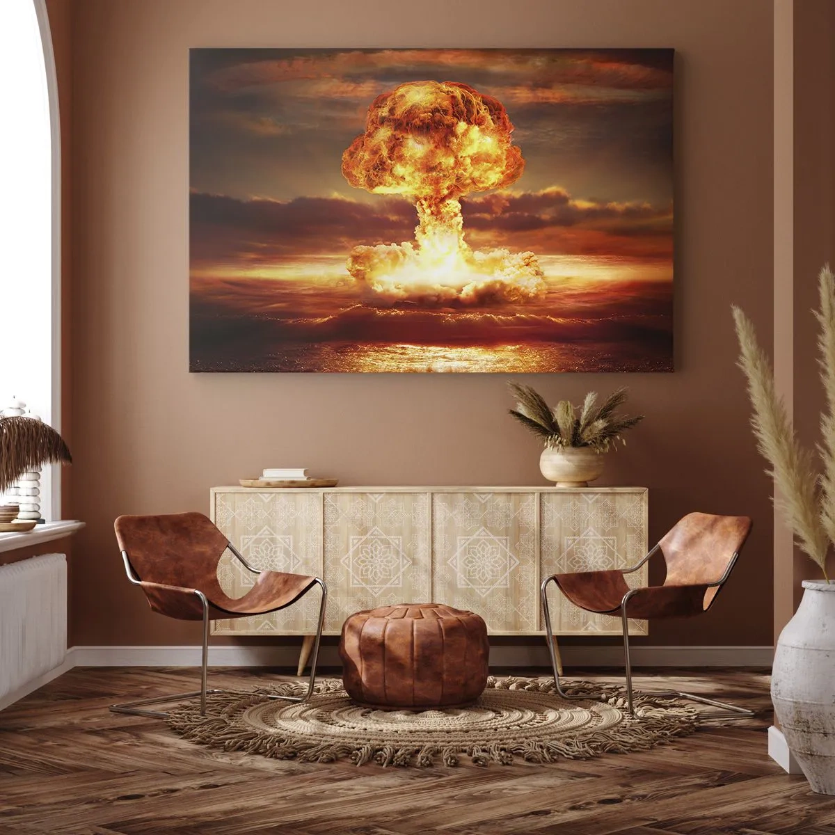 Bild auf Leinwand - Leinwandbild - Atompilz-Explosion vor dem Hintergrund eines Sonnenuntergangs - 100x70cm - Und das Ende wird kommen - Moderne Wanddekoration für Wohnzimmer und Schlafzimmer ARTTOR