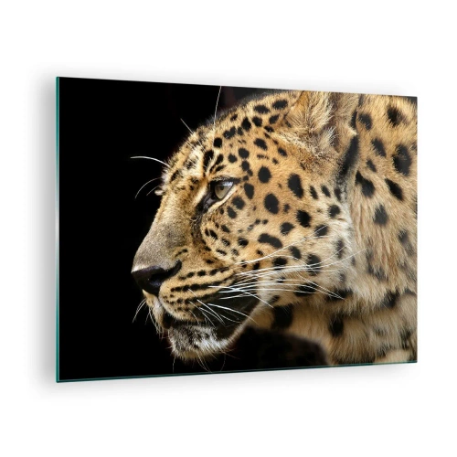 Glasbild - Bild auf glas - Profil eines Leoparden auf schwarzem Hintergrund - 70x50cm - Ruhig, fokussiert, bereit - Moderne Wanddekoration für Wohnzimmer und Schlafzimmer ARTTOR