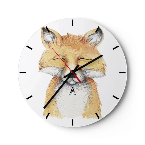 Wanduhr - Glasuhr - Eine Zeichnung eines lächelnden Fuchses auf weißem Hintergrund - 30x30cm - Fuchsstimmungen - Moderne Wanddekoration für Wohnzimmer, Küche und Schlafzimmer ARTTOR