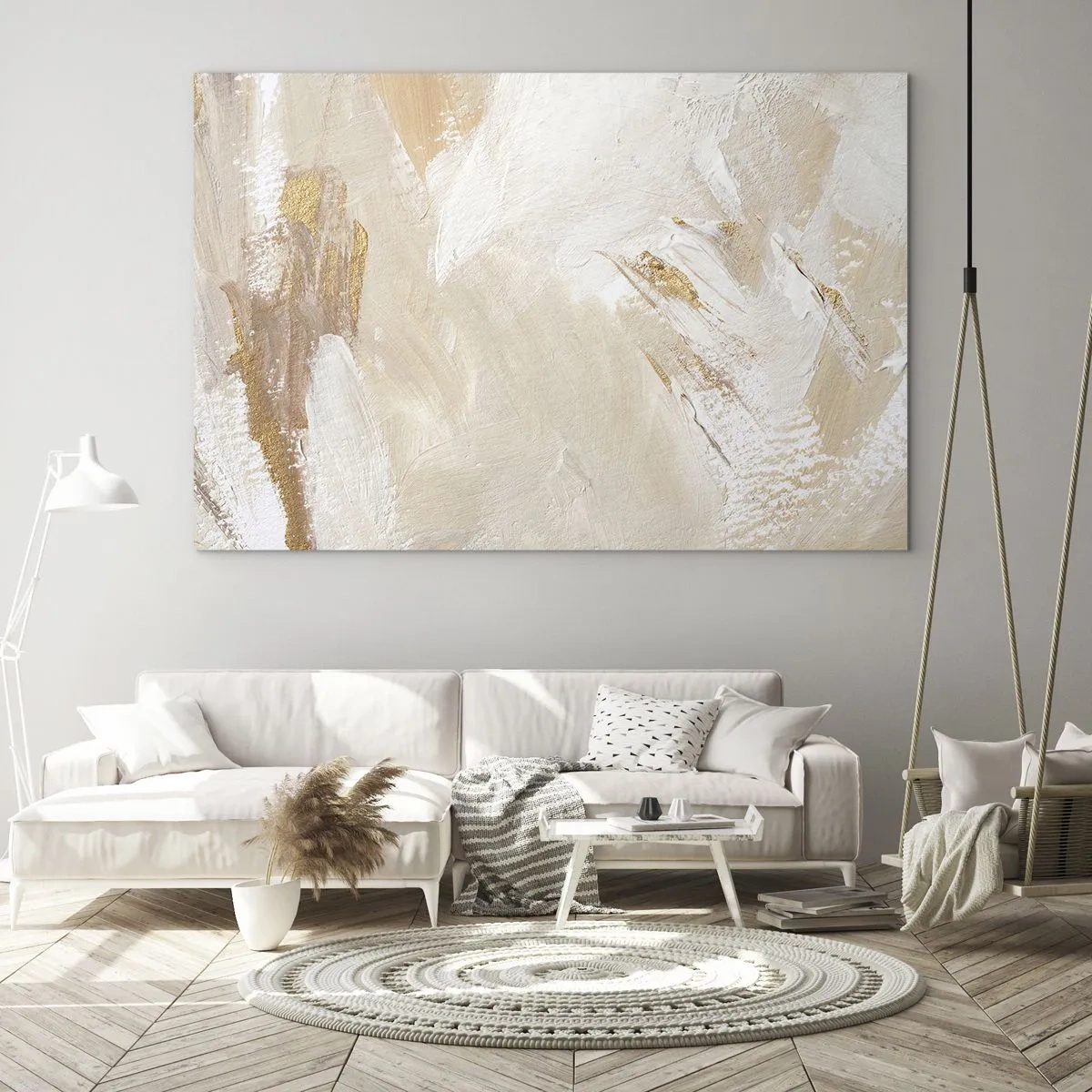 Glasbild - Bild auf glas - Beige und weiße Abstraktion mit goldenen Akzenten - 70x50cm - Pastellkomposition - Moderne Wanddekoration für Wohnzimmer und Schlafzimmer ARTTOR