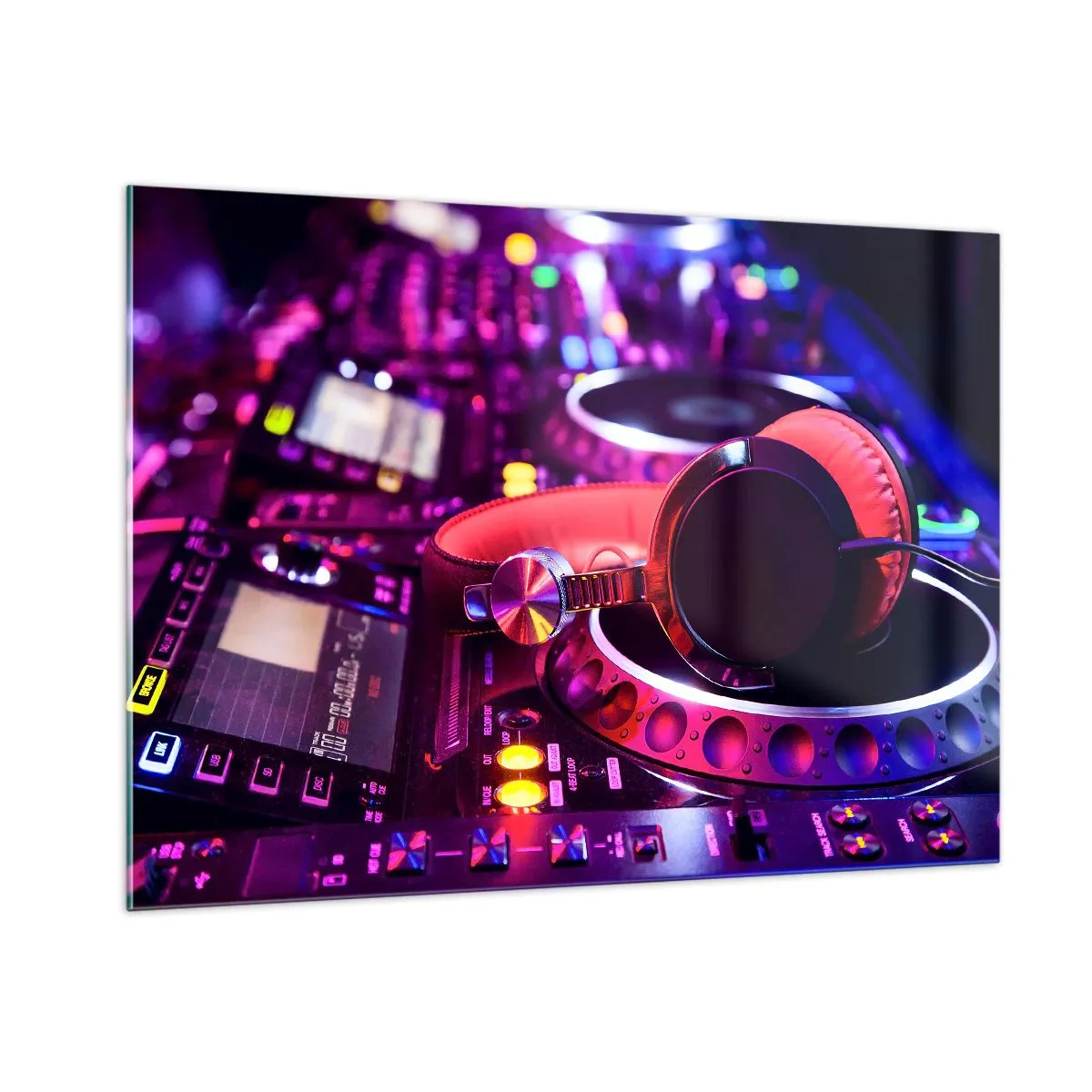 Glasbild - Bild auf glas - Bunte DJ-Ausrüstung mit roten Kopfhörern - 100x70cm - Bevor der Spaß beginnt - Moderne Wanddekoration für Wohnzimmer und Schlafzimmer ARTTOR