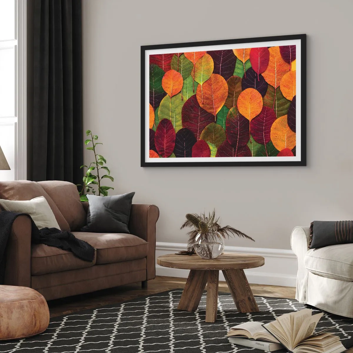 Poster in einem schwarzem Rahmen - Bunte Blätter in einem herbstlichen Muster angeordnet - 70x50cm - Herbstmosaik - Moderne Wanddekoration für Wohnzimmer und Schlafzimmer ARTTOR