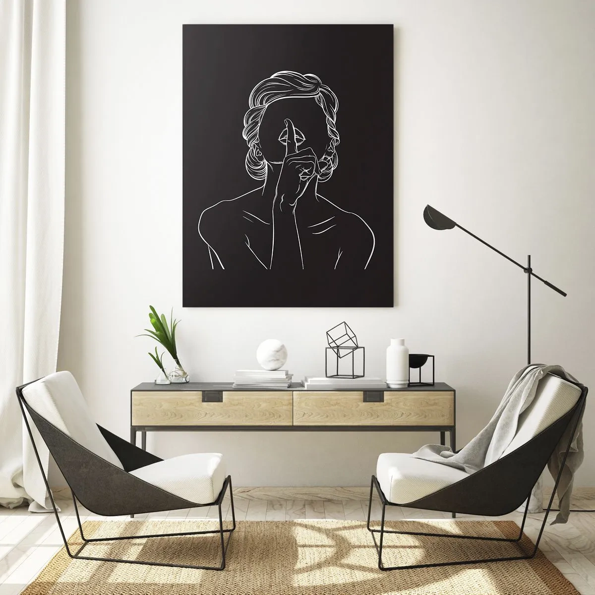 Glasbild - Bild auf glas - Eine minimalistische Silhouette einer Frau, die eine Geste des Schweigens macht. - 50x70cm - Schönheit erblüht in der Stille - Moderne Wanddekoration für Wohnzimmer und Schlafzimmer ARTTOR