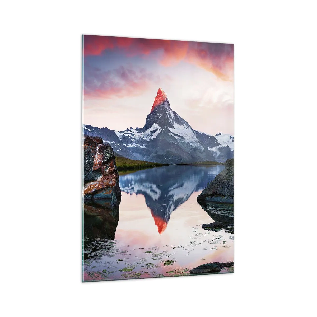 Glasbild - Bild auf glas - Ein Berggipfel spiegelt sich bei Sonnenuntergang in einem See - 70x100cm - Das Herz der Berge ist heiß - Moderne Wanddekoration für Wohnzimmer und Schlafzimmer ARTTOR