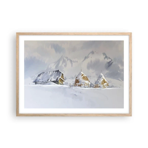 Poster in einem Rahmen aus heller Eiche - In einem verschneiten Talkessel - 70x50 cm