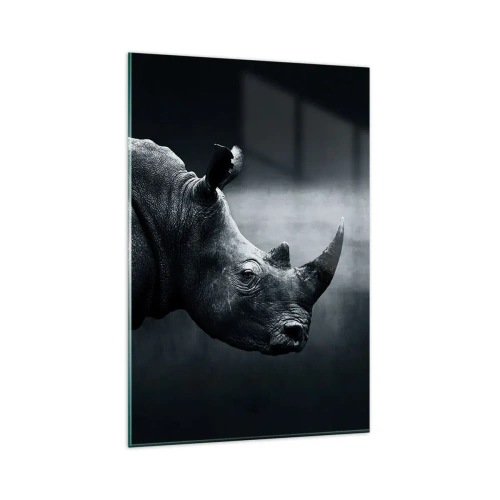 Glasbild - Bild auf glas - Schwarz-Weiß-Porträt eines Nashorns vor dunklem Hintergrund - 80x120cm - Richtiges Profil - Moderne Wanddekoration für Wohnzimmer und Schlafzimmer ARTTOR