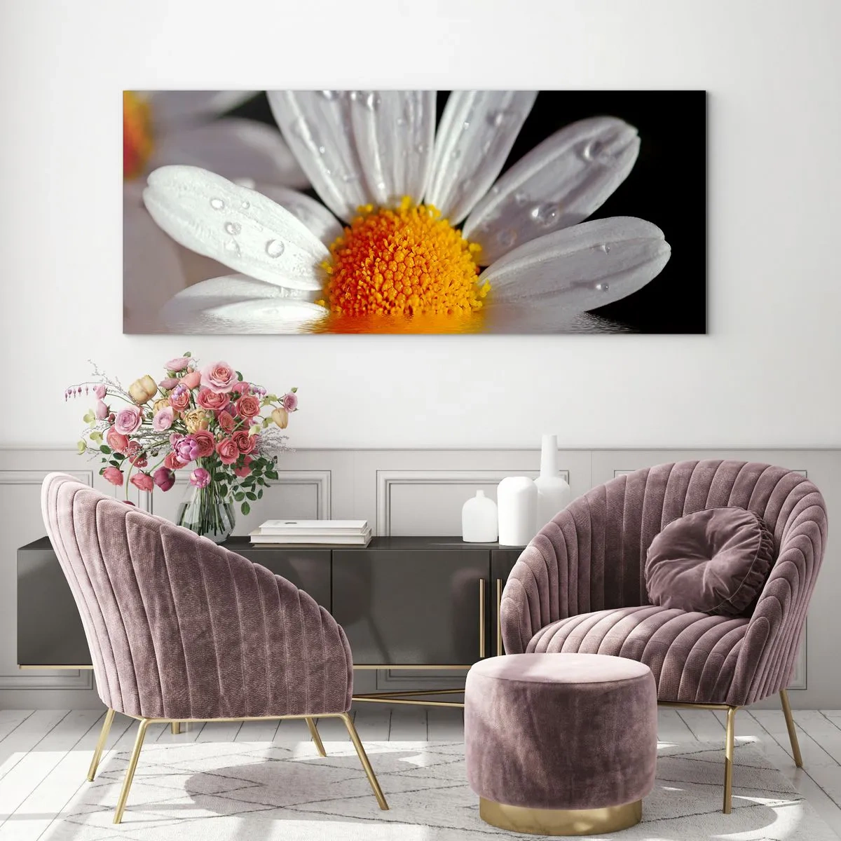 Glasbild - Bild auf glas - Die aufgehende Sonne der Gänseblümchen - 100x40 cm