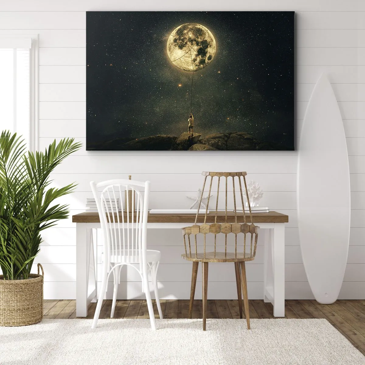Bild auf Leinwand - Leinwandbild - Mann mit dem Mond vor dem Sternenhimmel - 70x50cm - Der Mann, der den Mond gestohlen hat - Moderne Wanddekoration für Wohnzimmer und Schlafzimmer ARTTOR