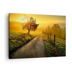 Bild auf Leinwand - Leinwandbild - Eine malerische Straße bei Sonnenuntergang mit einem einsamen Baum im Hintergrund - 70x50cm - Honig-Nachmittag - Moderne Wanddekoration für Wohnzimmer und Schlafzimmer ARTTOR