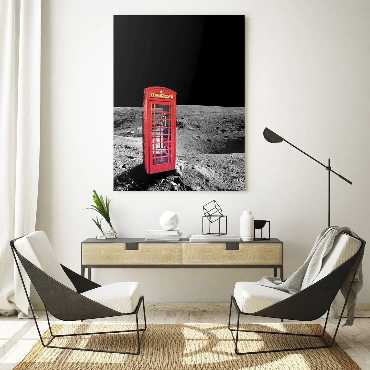 Glasbild - Bild auf glas - Eine rote Telefonzelle auf der Mondoberfläche mit einem Astronauten - 50x70cm - Ein kosmischer Witz - Moderne Wanddekoration für Wohnzimmer und Schlafzimmer ARTTOR