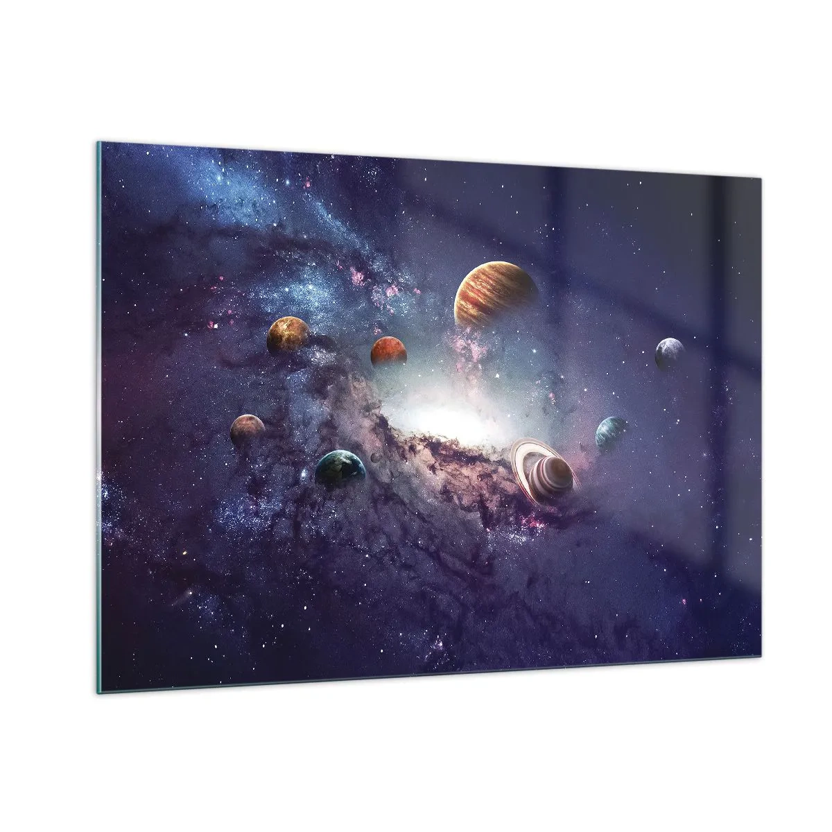 Glasbild - Bild auf glas - Eine phantasievolle Vision von Planeten, die im Weltraum kreisen - 100x70cm - Solar-Tanz-System - Moderne Wanddekoration für Wohnzimmer und Schlafzimmer ARTTOR