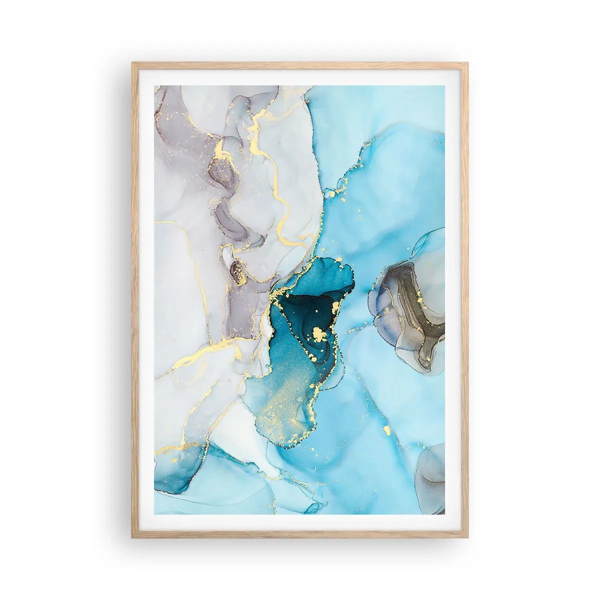 Poster in einem Rahmen aus heller Eiche - Eine Studie über das Zusammentreffen von Grau und Türkis - 70x100 cm
