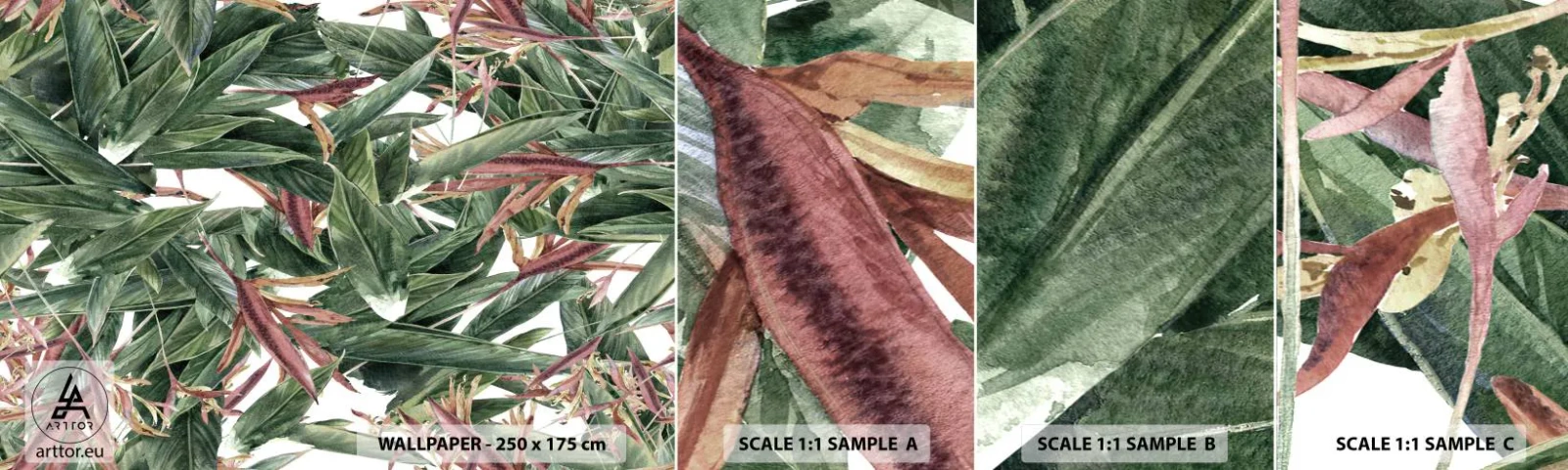 Fototapeten Muster Selbstklebend Deluxe Sticker - Smaragd-lila Dickicht - Blumen, Hawaii, Blätter - 100x30 cm