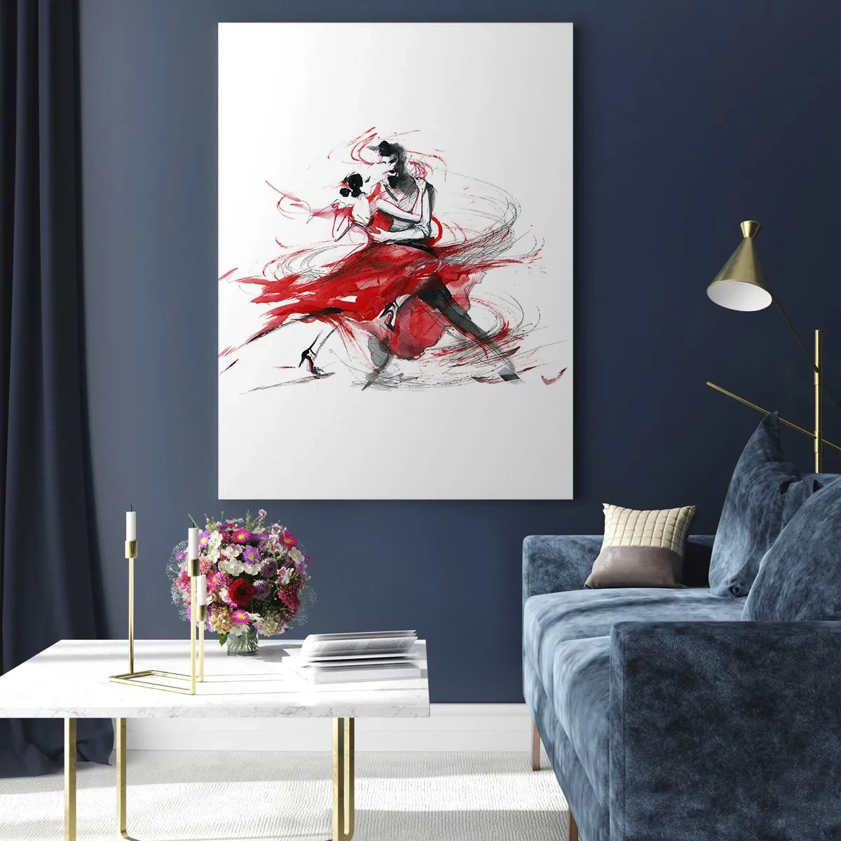 Glasbild - Bild auf glas - Tänzer in einem dynamischen Tanz mit roten Akzenten - 70x100cm - Tango – der Rhythmus der Leidenschaft - Moderne Wanddekoration für Wohnzimmer und Schlafzimmer ARTTOR