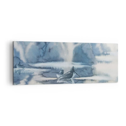 Bild auf Leinwand - Leinwandbild - Aquarelllandschaft mit Booten auf einem See, umgeben von einem nebligen Wald - 140x50cm - Angler in ihrem Paradies - Moderne Wanddekoration für Wohnzimmer und Schlafzimmer ARTTOR