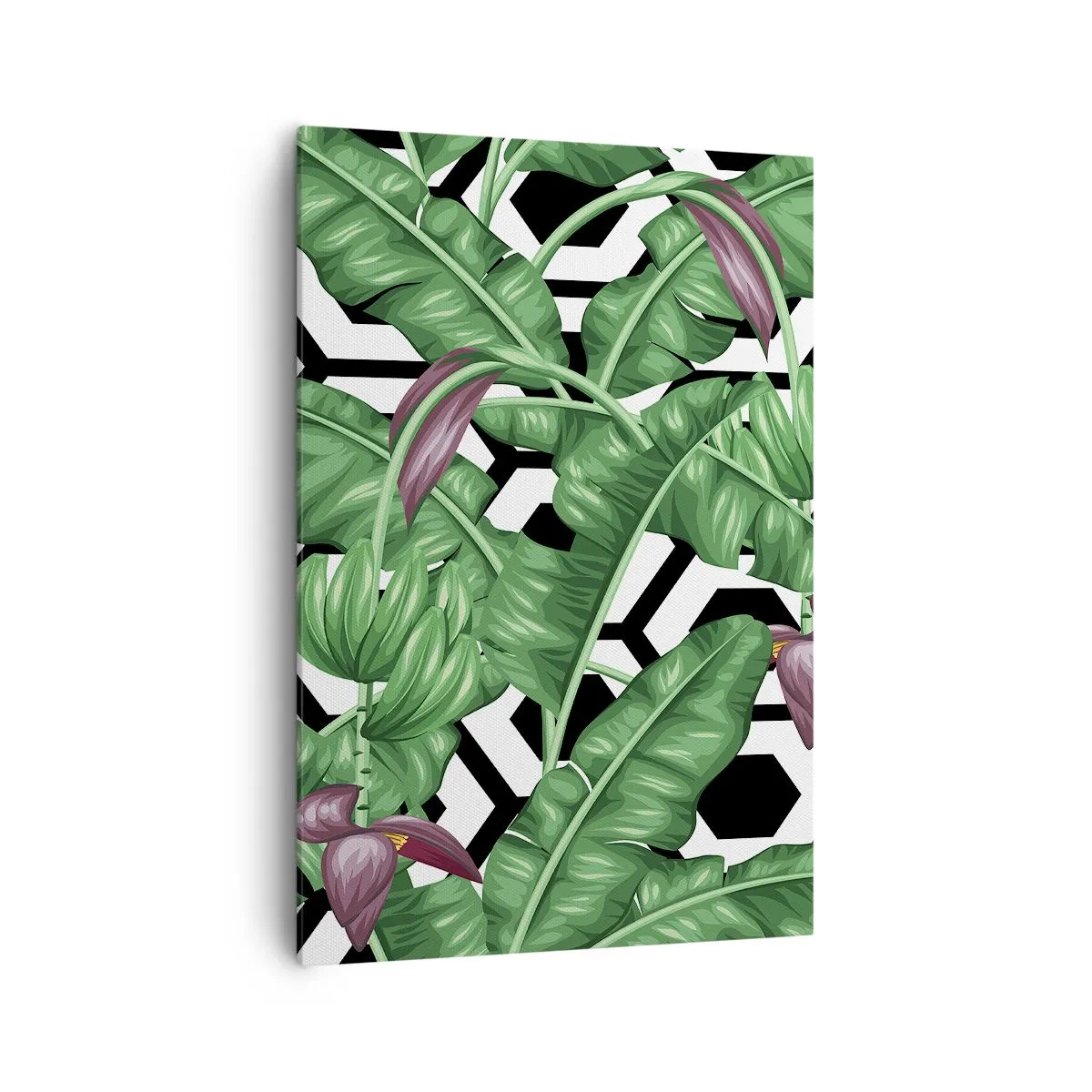 Bild auf Leinwand - Leinwandbild - Tropische Blätter auf geometrischem Hintergrund - 70x100cm - Von Natur aus eine symmetrische Komposition - Moderne Wanddekoration für Wohnzimmer und Schlafzimmer ARTTOR