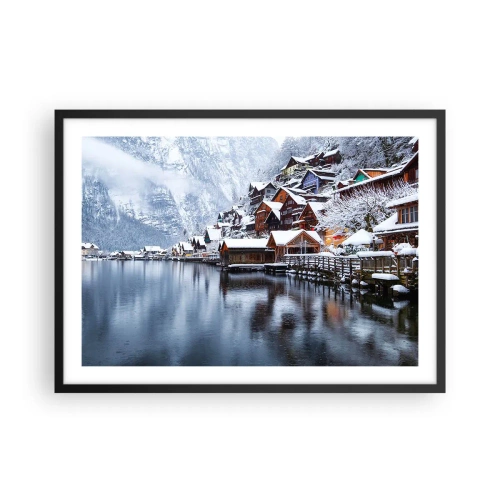 Poster in einem schwarzem Rahmen - Winteransicht eines Bergdorfes am See - 70x50cm - In winterlicher Dekoration - Moderne Wanddekoration für Wohnzimmer und Schlafzimmer ARTTOR