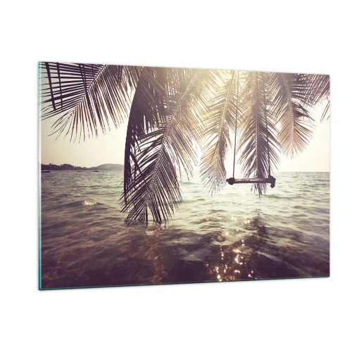 Glasbild - Bild auf glas - Ein Strand mit Palmen und einer Schaukel über einem ruhigen Meer - 120x80cm - Sie können nach Belieben in den Wolken schwingen - Moderne Wanddekoration für Wohnzimmer und Schlafzimmer ARTTOR