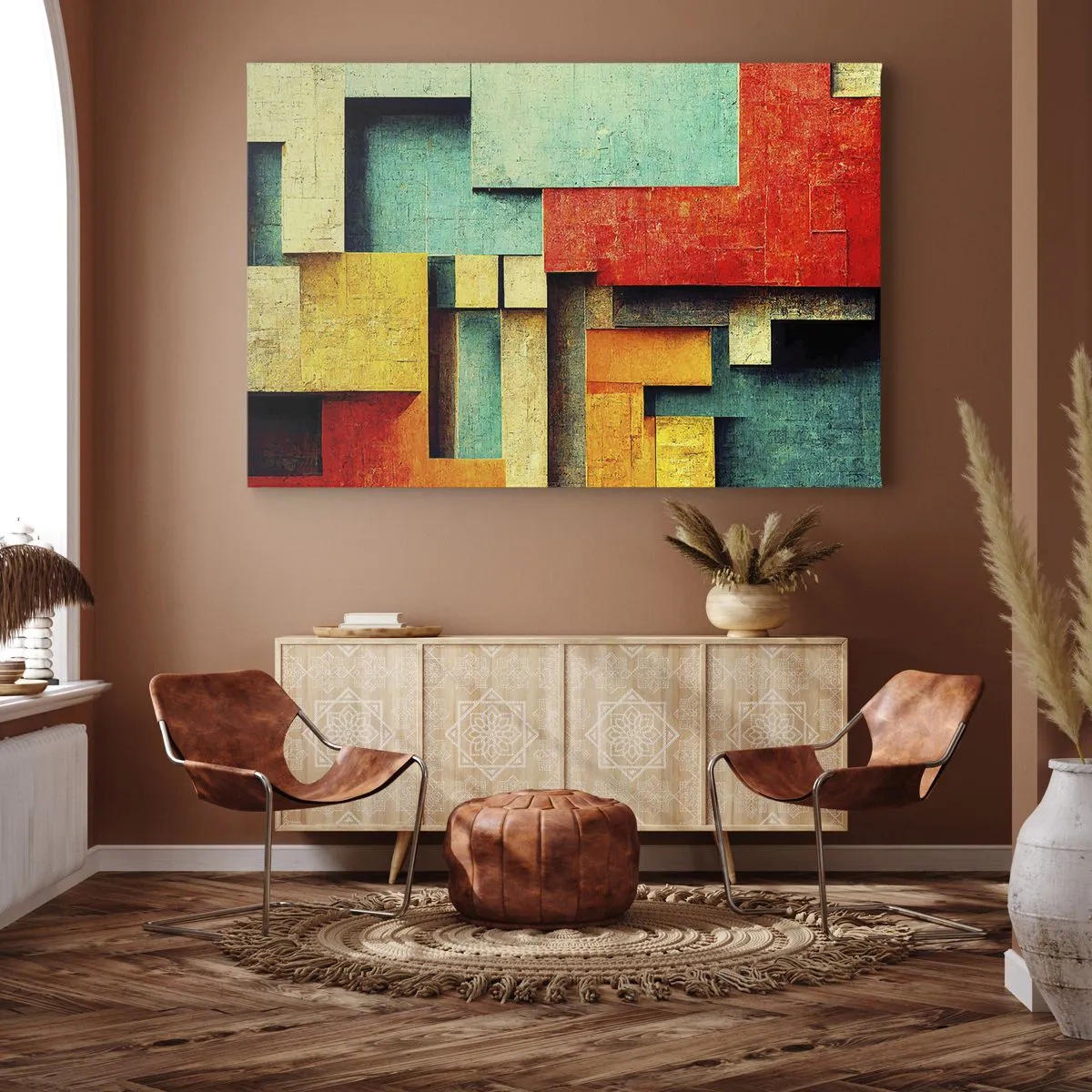 Bild auf Leinwand - Leinwandbild - Abstrakte geometrische Formen in leuchtenden Farben - 70x50cm - Festival der rechten Winkel - Moderne Wanddekoration für Wohnzimmer und Schlafzimmer ARTTOR